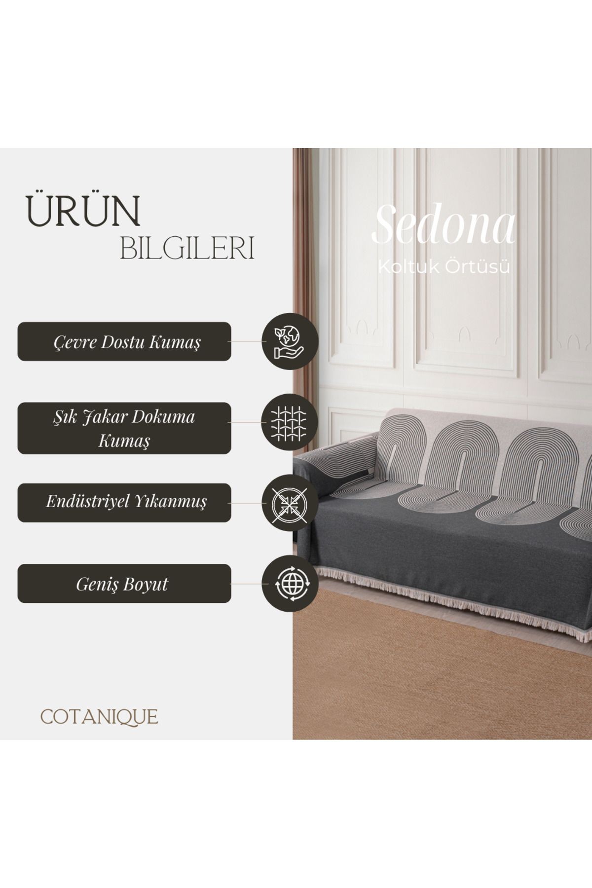 Sedona Lüks Pamuklu Koltuk-çekyat Örtüsü 180x300 Çift Taraflı Terletmez Kaymaz Toplanmaz