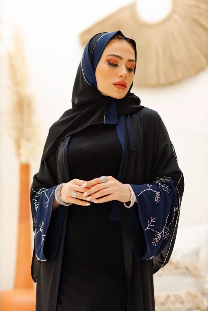 Lacivert Detaylı El İşlemeli Şal Takım Abaya