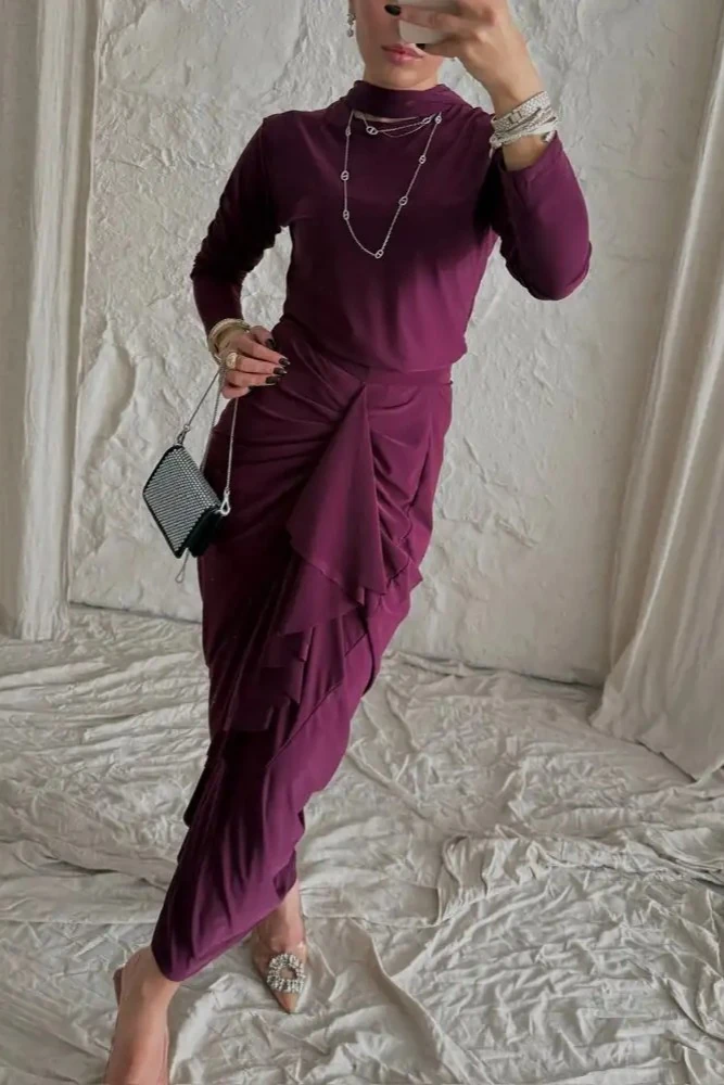 Bordo Drape Detaylı Yüksek Yaka Etek Bluz Şal Takım