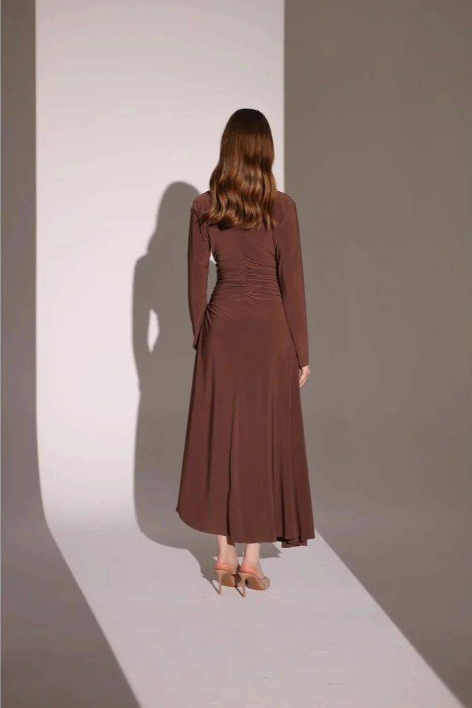 Drapeli Kahverengi Midi Boy Uzun Kollu Elbise
