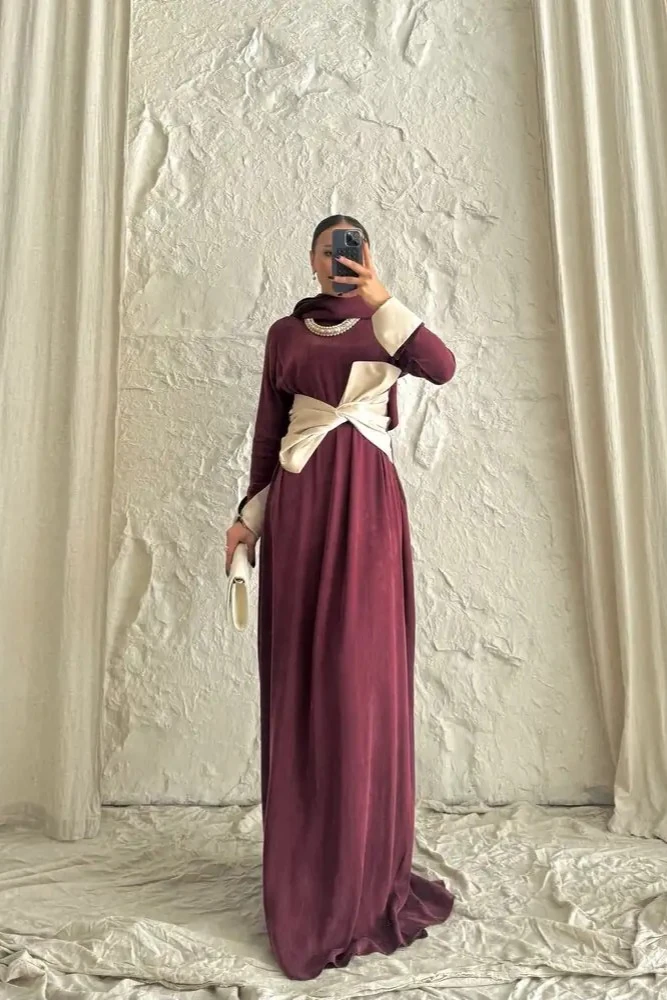 Bordo Kontrast Kuşak Detaylı Uzun Elbise