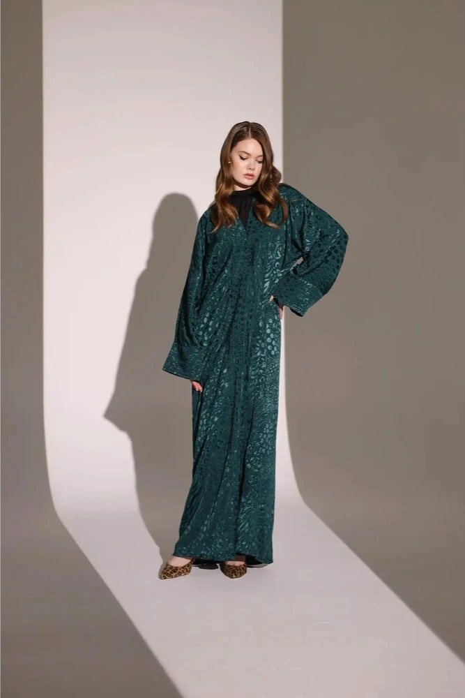Zümrüt Yeşili Desenli Abaya ve Şal Takımı