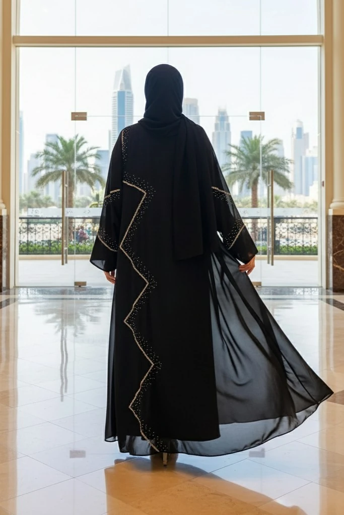 Siyah Zikzak Taş İşlemeli Şık Abaya