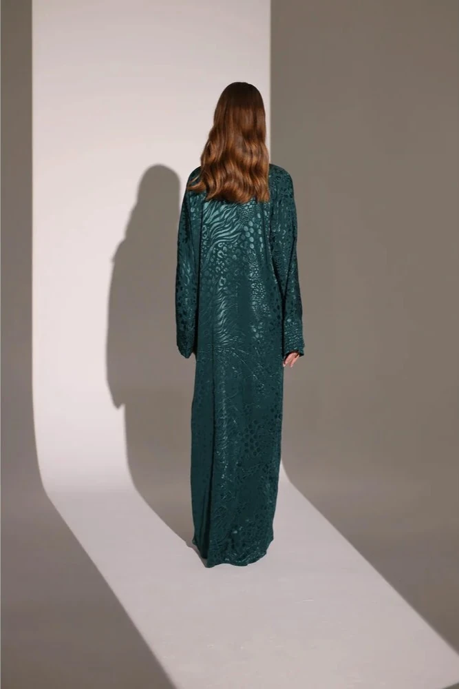 Zümrüt Yeşili Desenli Abaya ve Şal Takımı