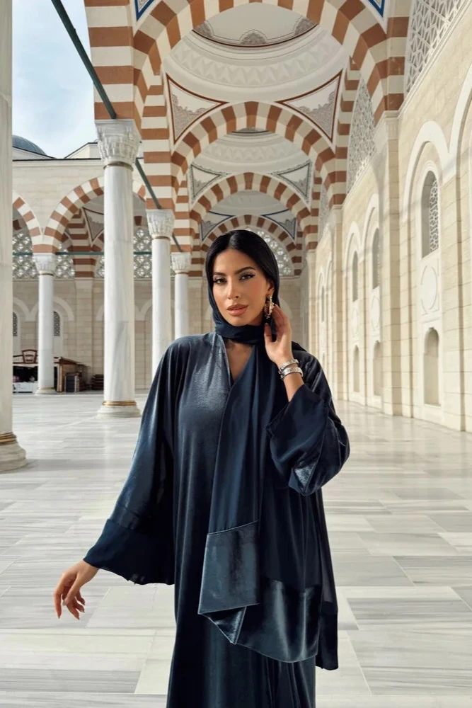 Gece Mavisi Kadife Abaya ve Şal Takımı