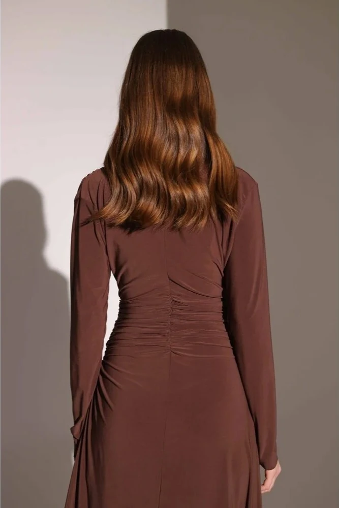 Drapeli Kahverengi Midi Boy Uzun Kollu Elbise