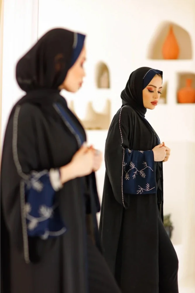 Lacivert Detaylı El İşlemeli Şal Takım Abaya