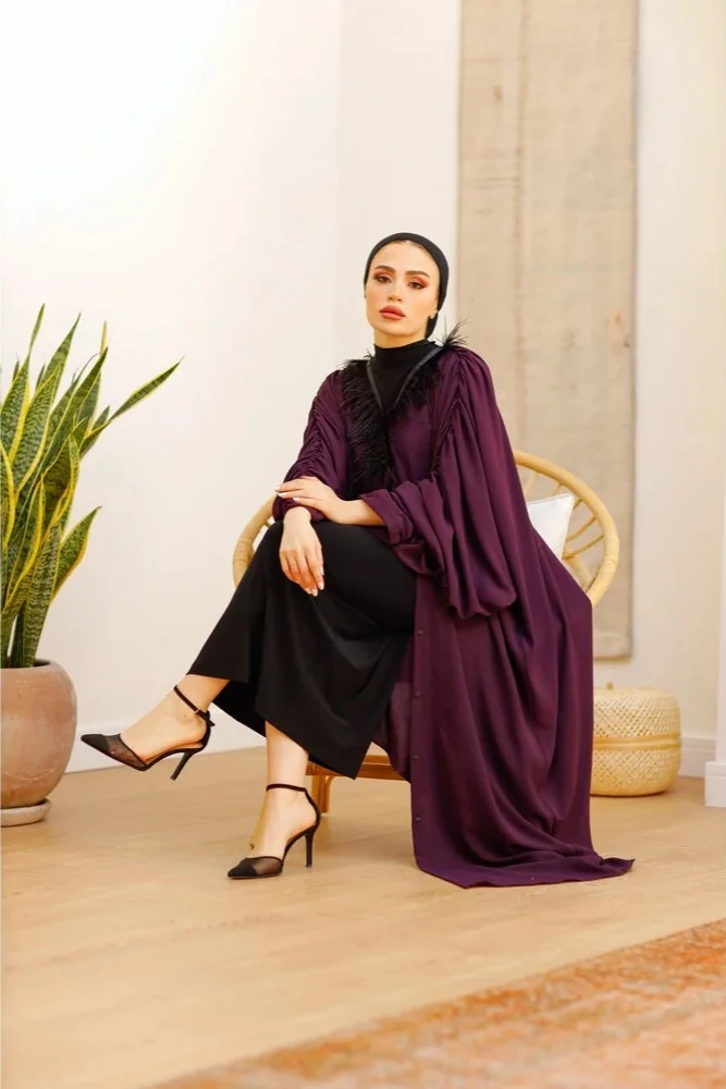 Yakası Tüylü Mor Abaya