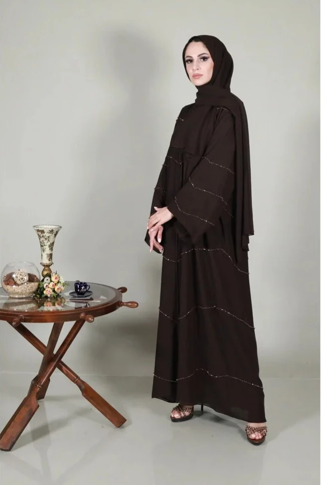 Zarif Kahverengi El İşlemeli Abaya ve Şal Takımı