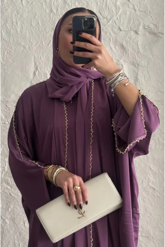 Mor İpek Abaya Takım – Üçlü Kombin