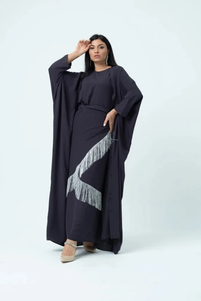 Üçlü Saçak Detaylı Abaya Takım