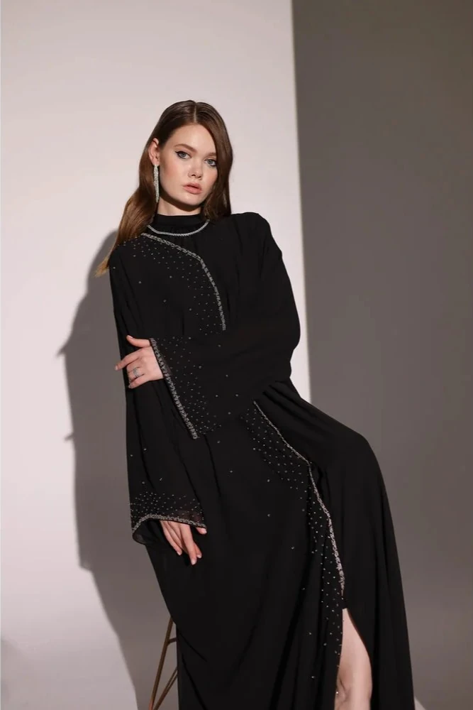 Kristal Taş İşlemeli Siyah Abaya