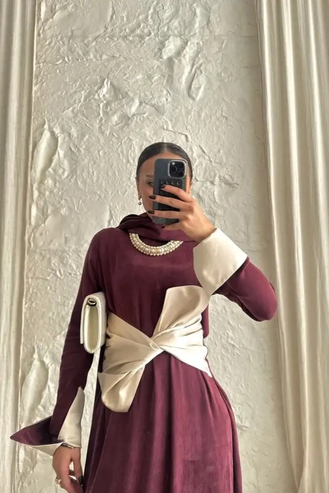 Bordo Kontrast Kuşak Detaylı Uzun Elbise