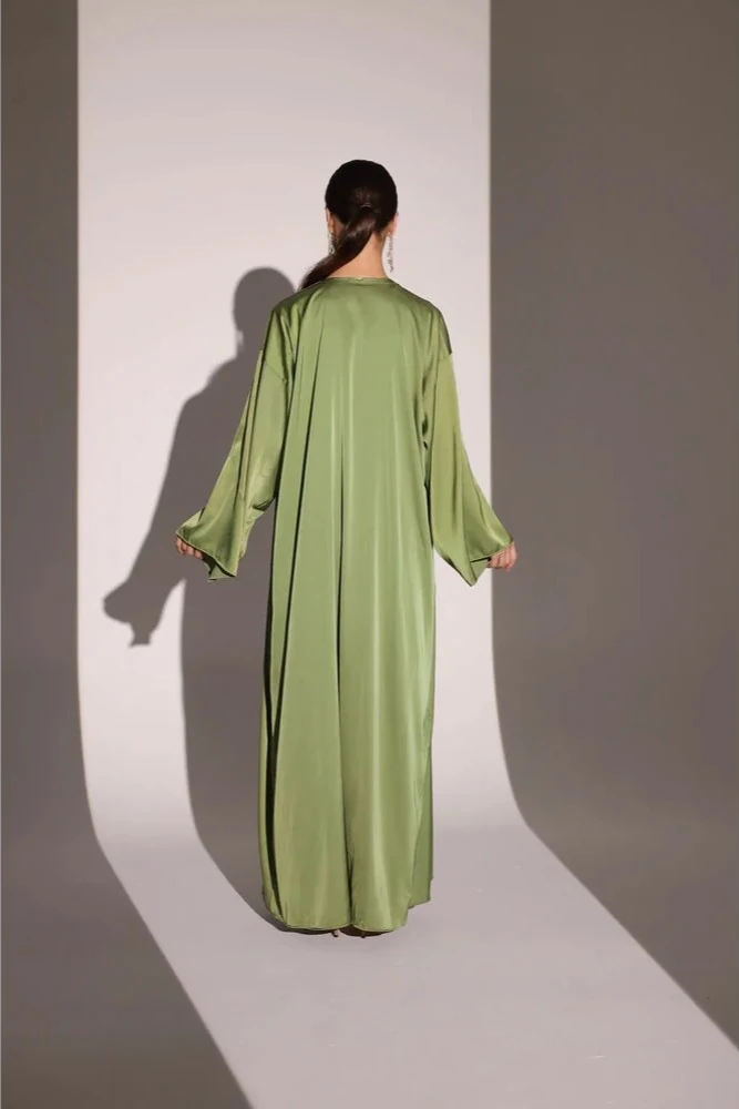 Yağ Yeşili İpek Abaya Takımı