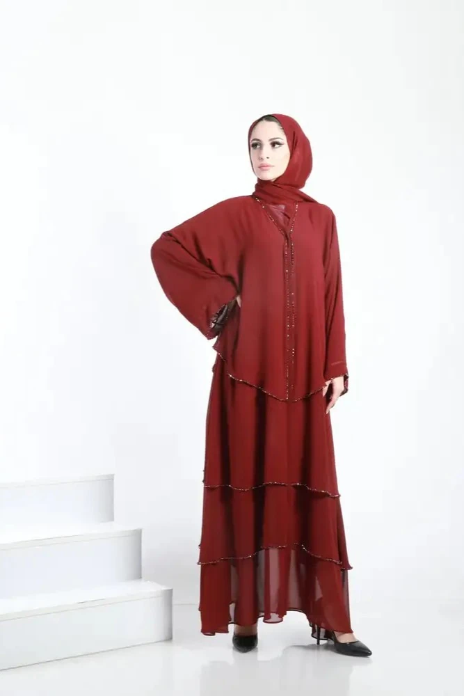 Kat Kat El İşlemeli Abaya Bordo