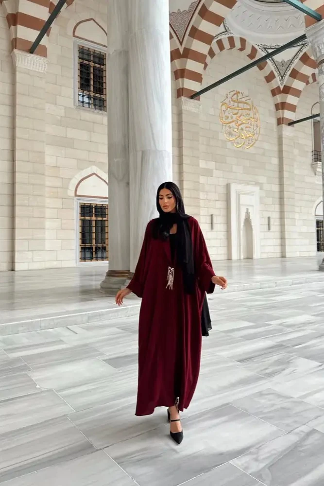 Broşlu Bordo Pardesu Abaya
