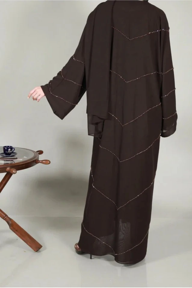 Zarif Kahverengi El İşlemeli Abaya ve Şal Takımı