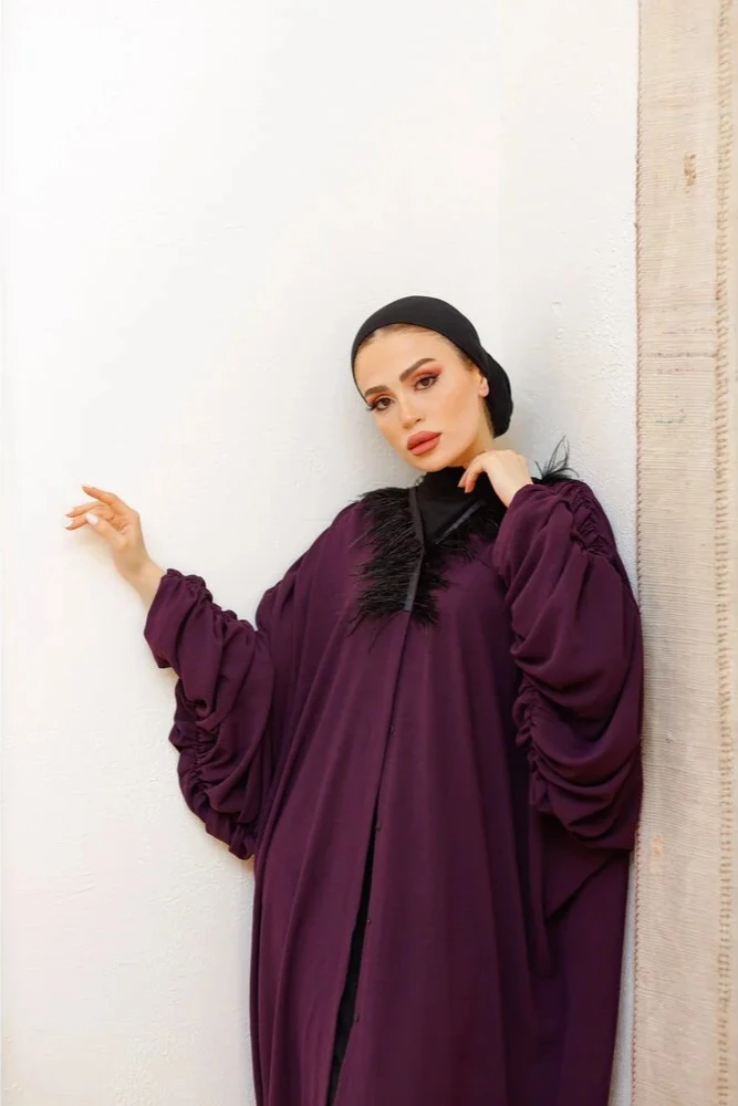 Yakası Tüylü Mor Abaya