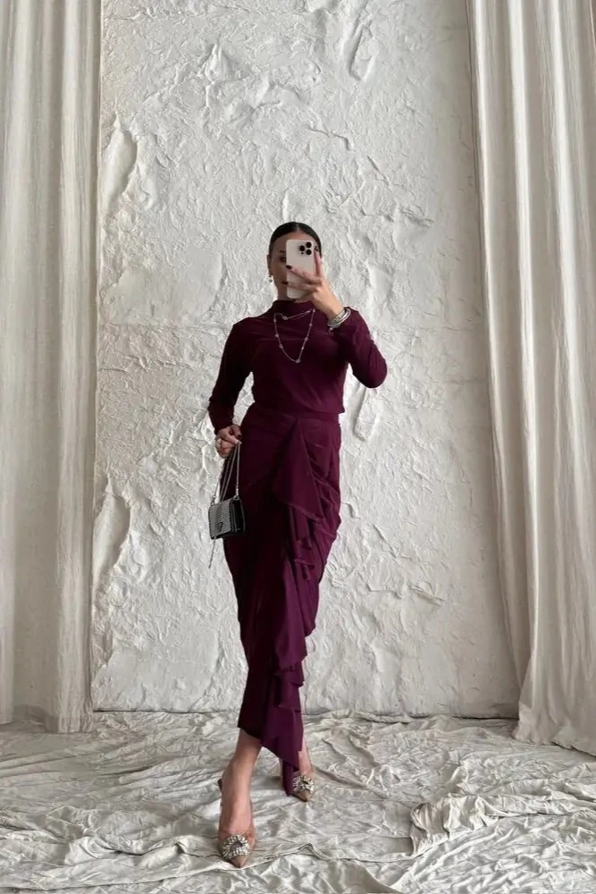 Bordo Drape Detaylı Yüksek Yaka Etek Bluz Şal Takım