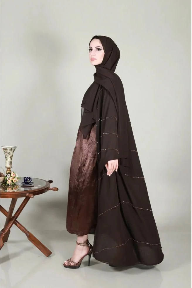 Zarif Kahverengi El İşlemeli Abaya ve Şal Takımı