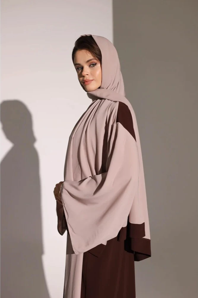 Renk Bloklu Kahve Bej Abaya