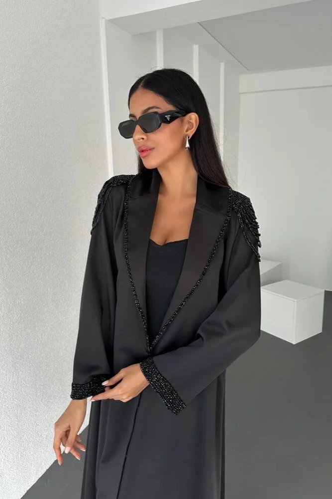 Noir Shimmer El İşlemeli Abaya ( Mevsimlik Kalın Kumaş )