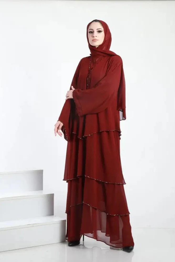 Kat Kat El İşlemeli Abaya Bordo