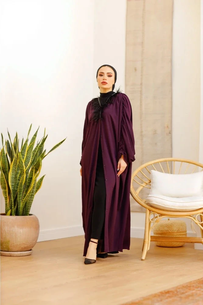 Yakası Tüylü Mor Abaya