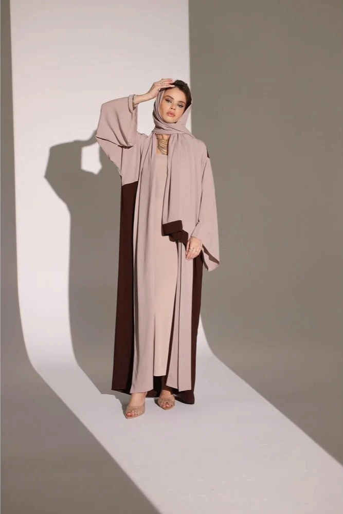 Renk Bloklu Kahve Bej Abaya