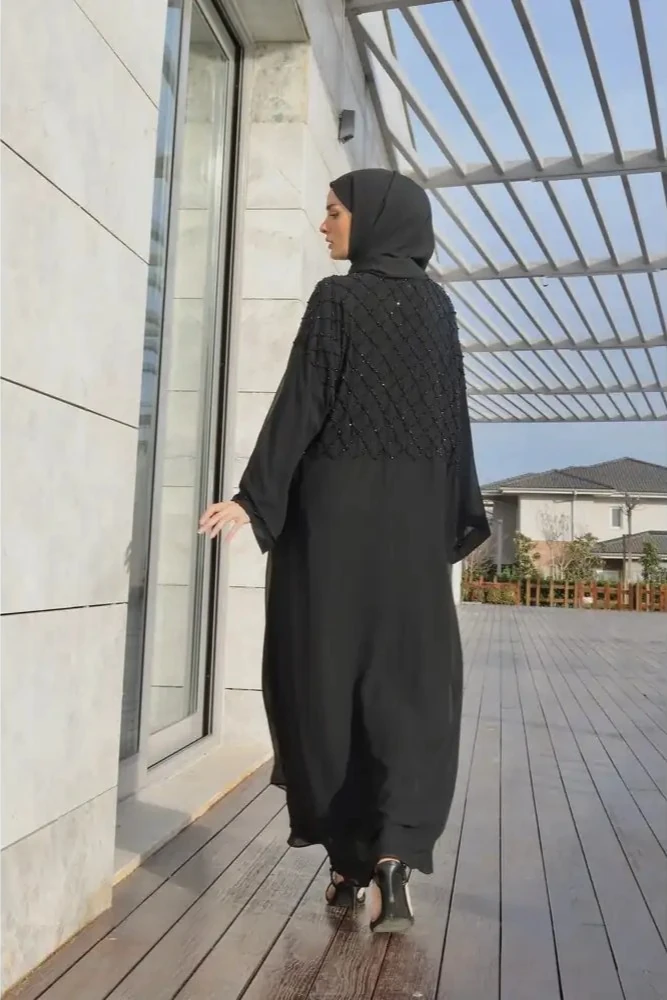 Siyah Boncuk İşlemeli Limited Edition Abaya