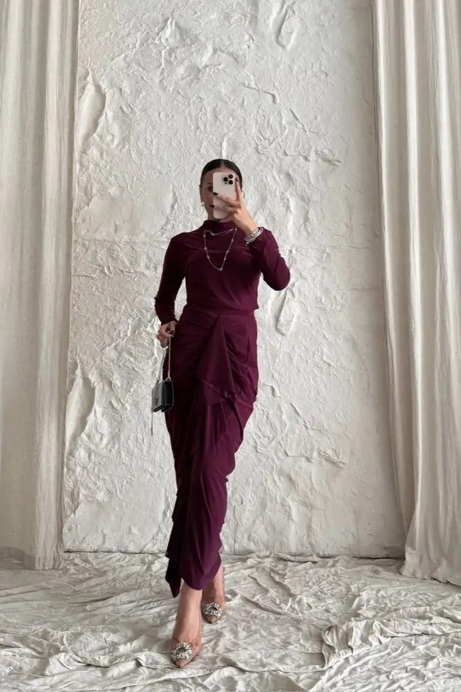 Bordo Drape Detaylı Yüksek Yaka Etek Bluz Şal Takım