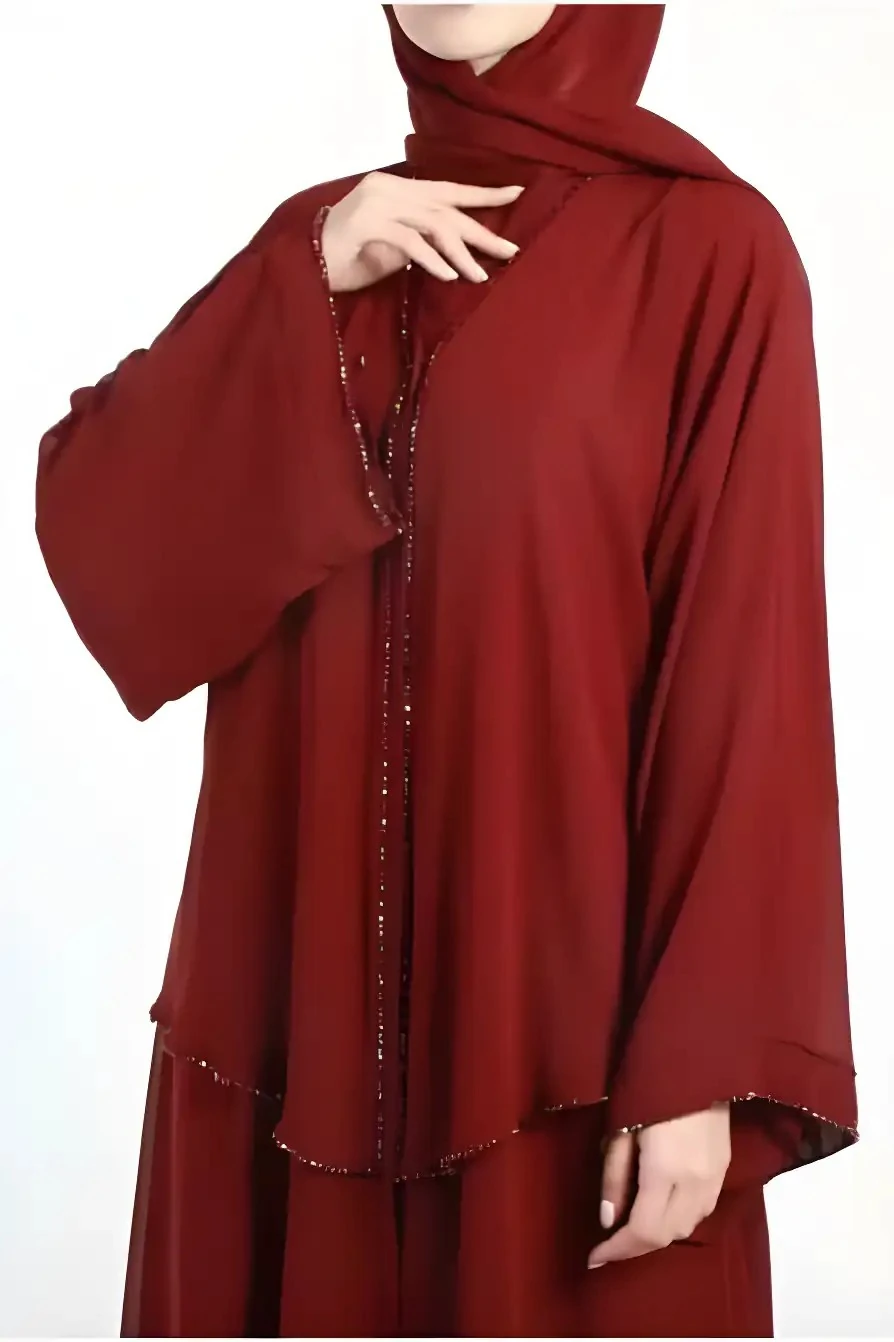 Kat Kat El İşlemeli Abaya Bordo