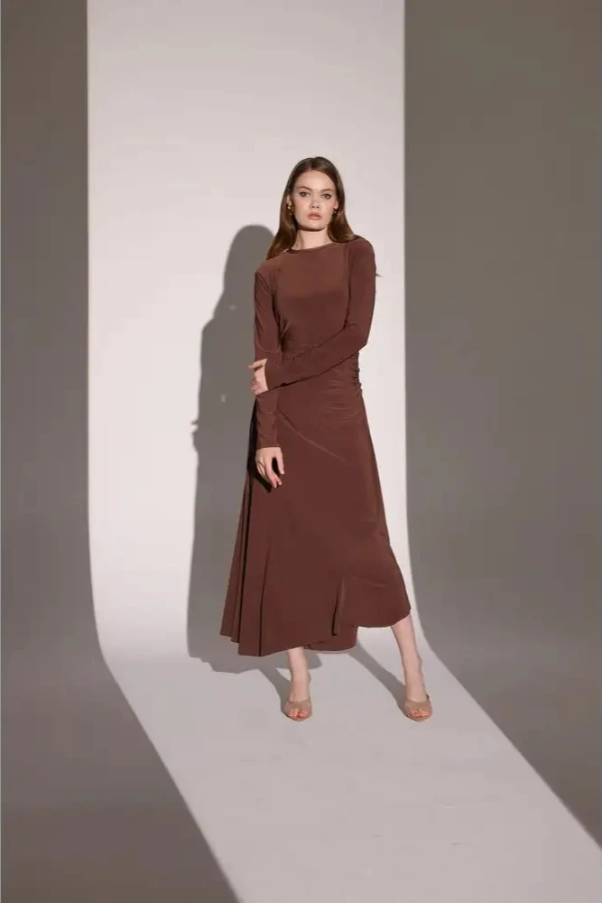 Drapeli Kahverengi Midi Boy Uzun Kollu Elbise