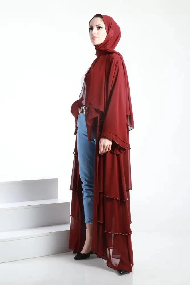 Kat Kat El İşlemeli Abaya Bordo