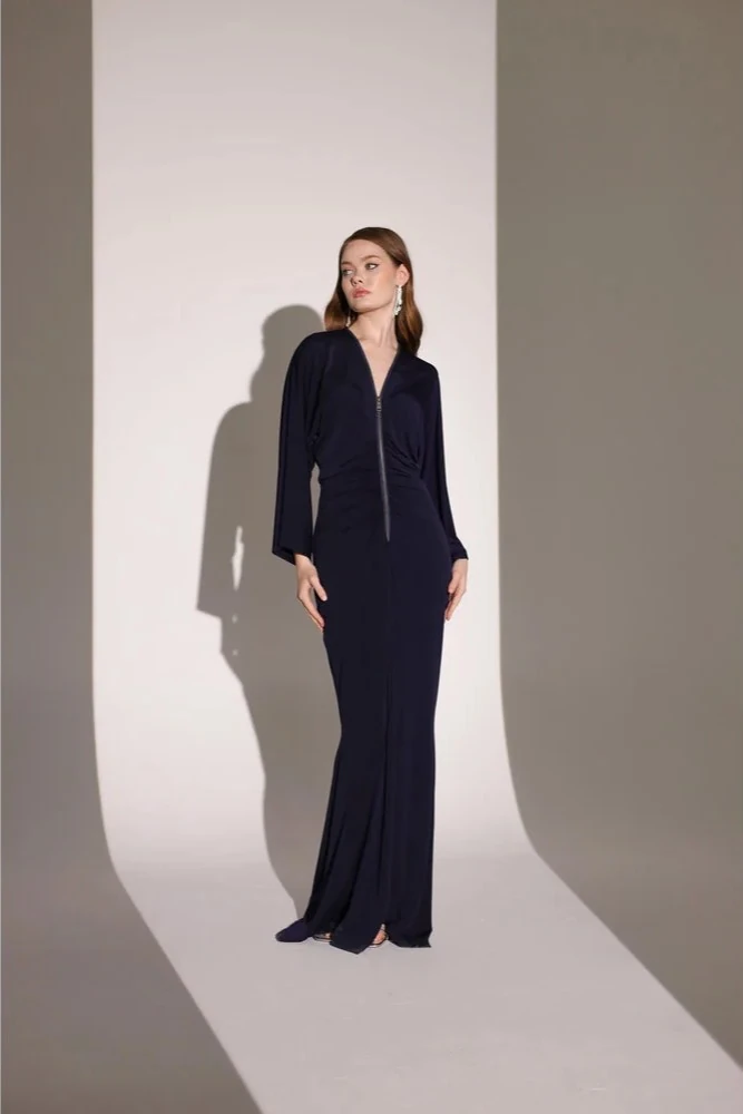 Fermuar Detaylı Lacivert Maxi Elbise