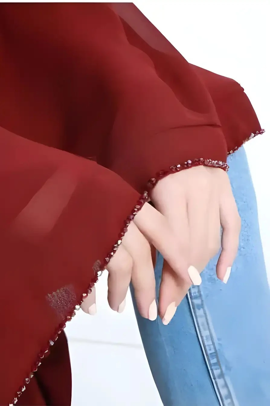 Kat Kat El İşlemeli Abaya Bordo