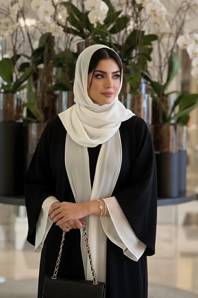 Siyah Beyaz Kontrast Detaylı Abaya