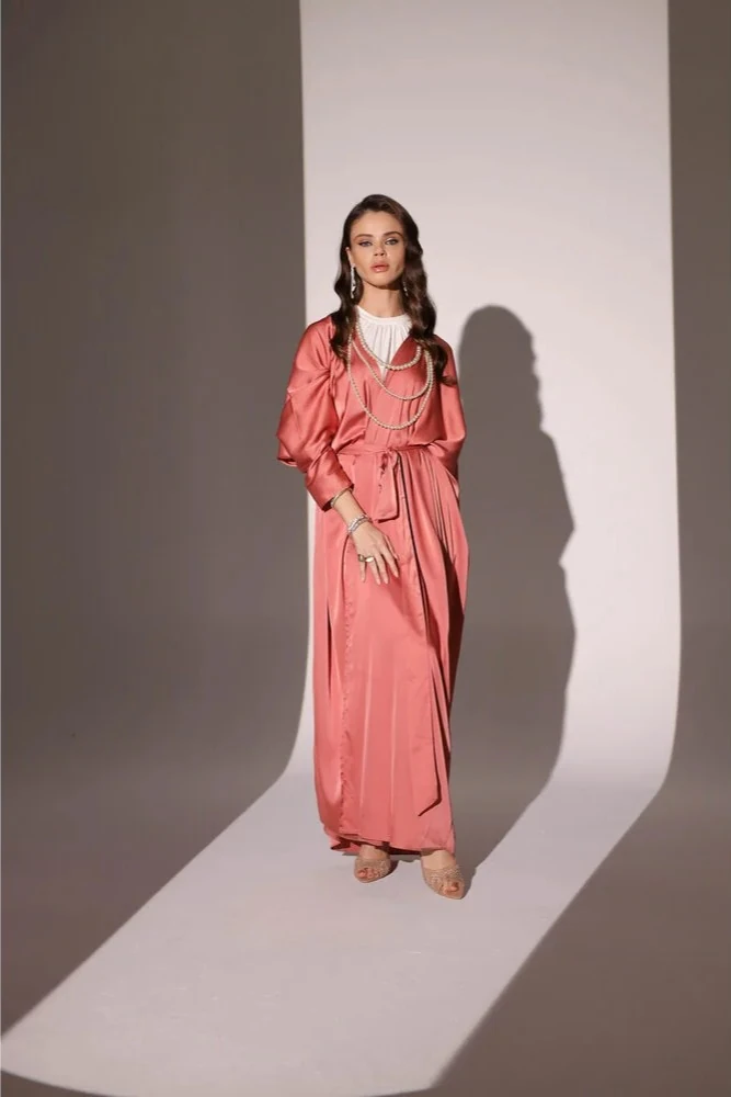 Parlak Dokulu Somon İpek Abaya