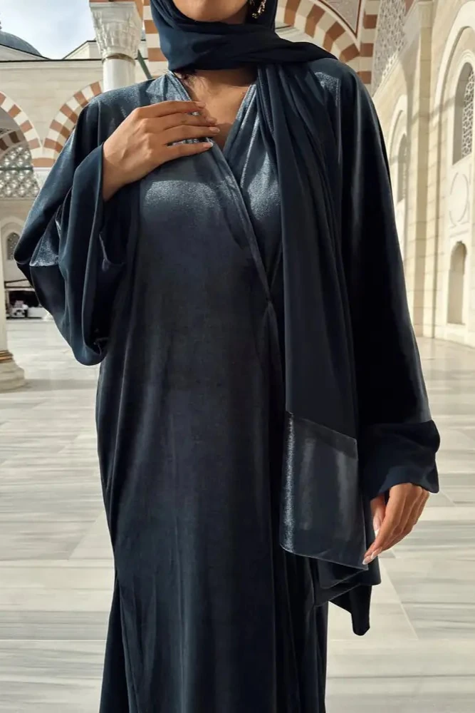 Gece Mavisi Kadife Abaya ve Şal Takımı