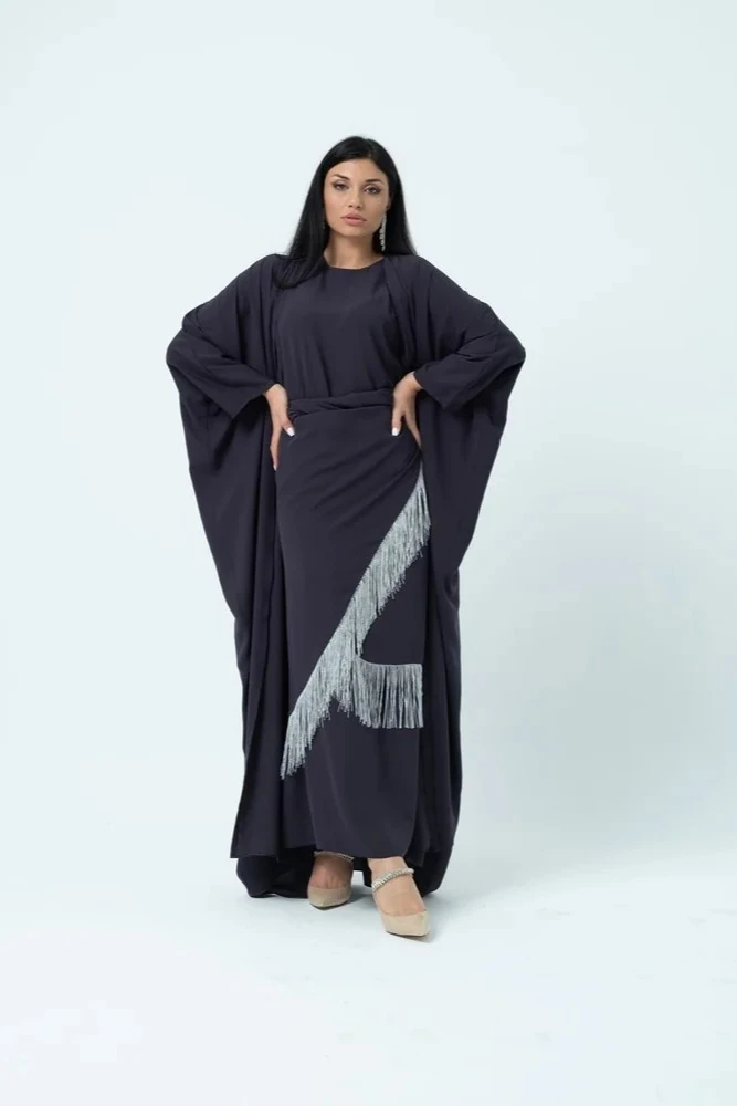 Üçlü Saçak Detaylı Abaya Takım