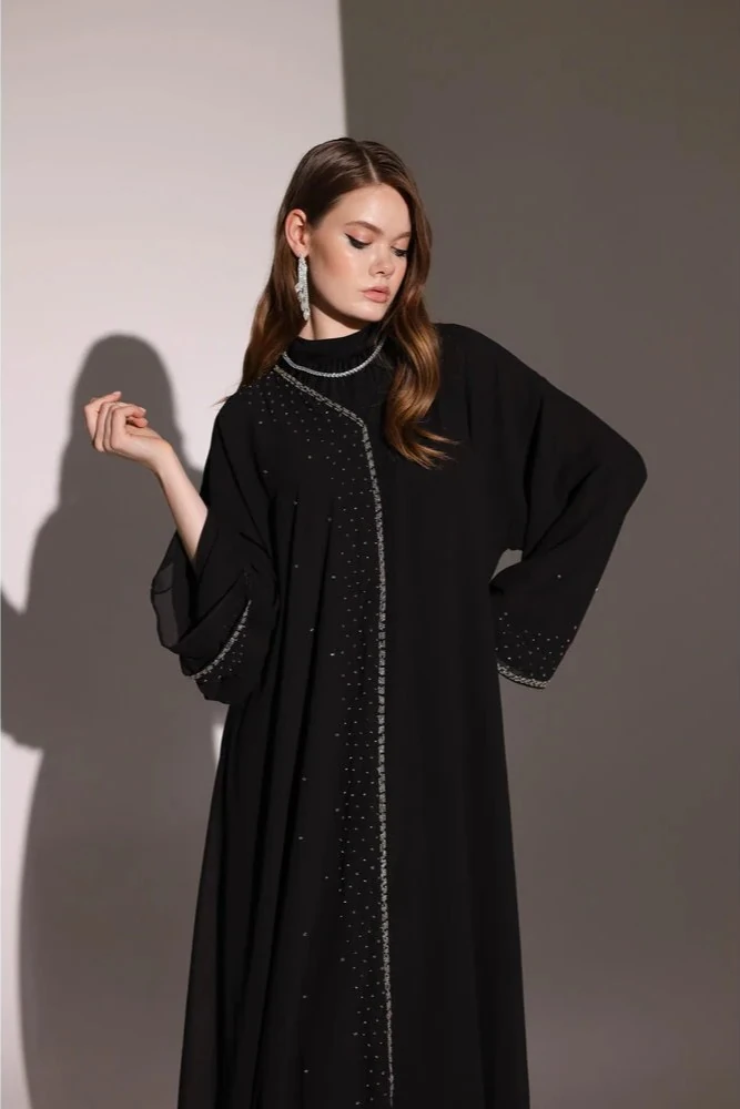 Kristal Taş İşlemeli Siyah Abaya