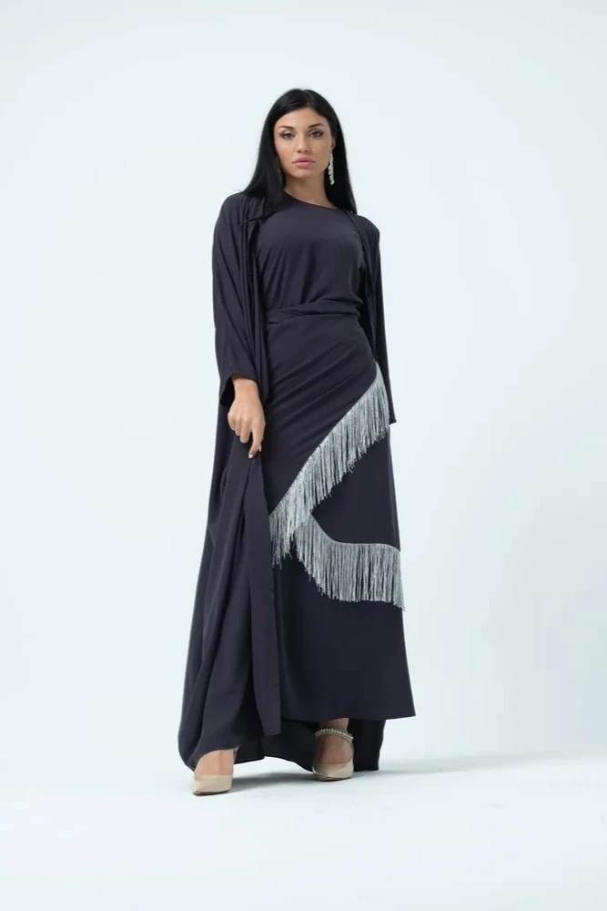 Üçlü Saçak Detaylı Abaya Takım