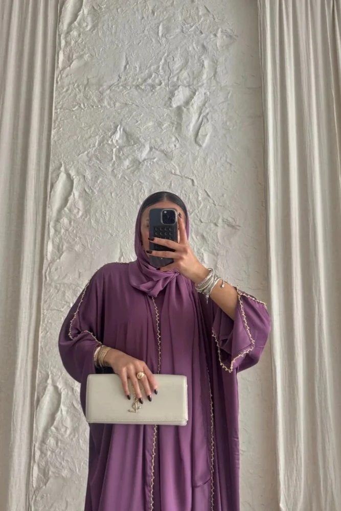 Mor İpek Abaya Takım – Üçlü Kombin