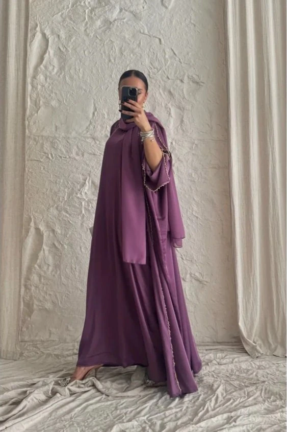 Mor İpek Abaya Takım – Üçlü Kombin