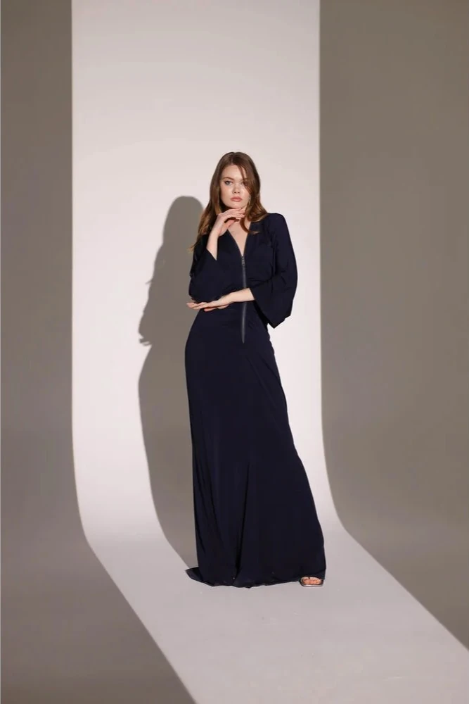 Fermuar Detaylı Lacivert Maxi Elbise