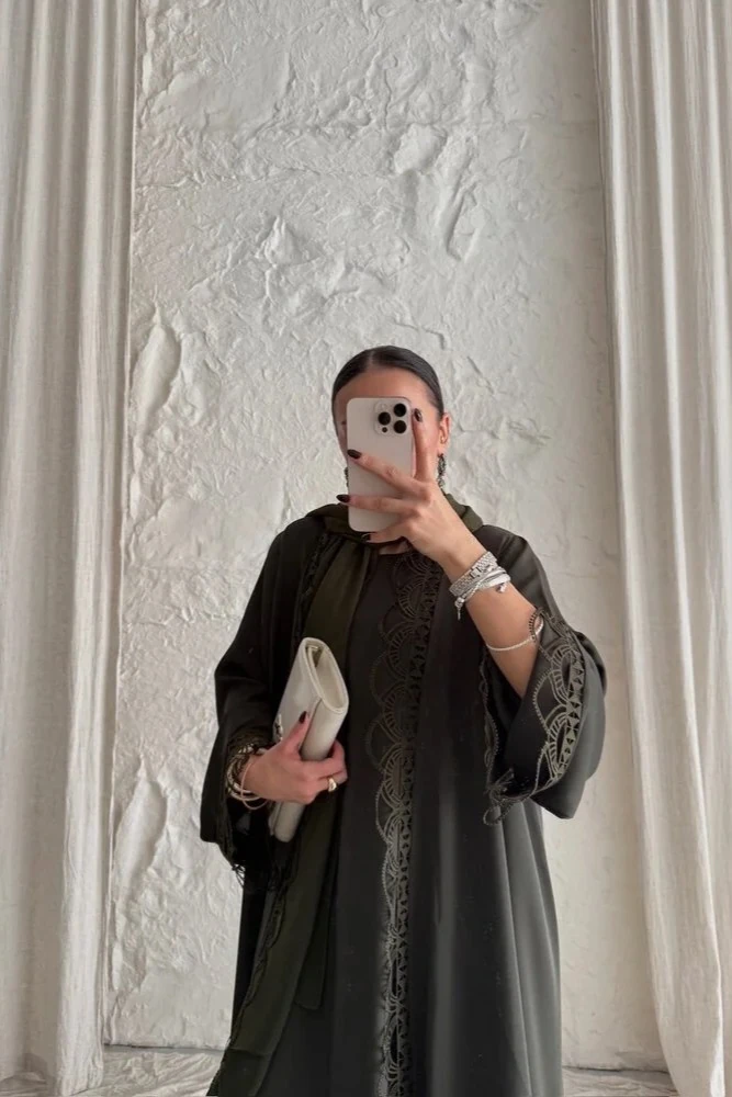 Özel Koleksiyon Haki İthal Dantel Abaya