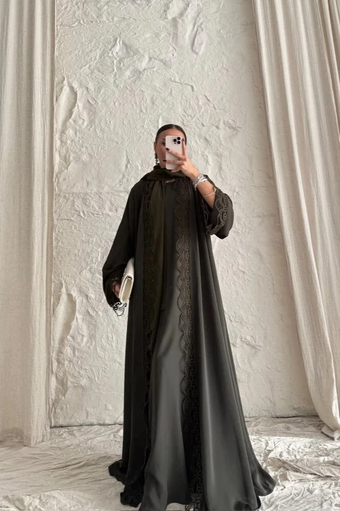 Özel Koleksiyon Haki İthal Dantel Abaya