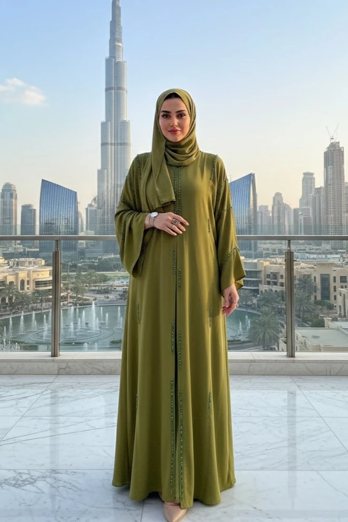 Zümrüt Taş Detaylı Yeşil Feraye Abaya