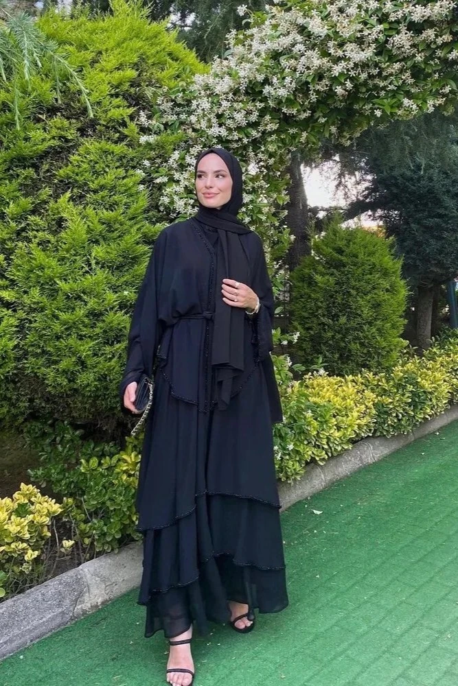 Siyah Kat Kat El İşlemeli Şık Abaya