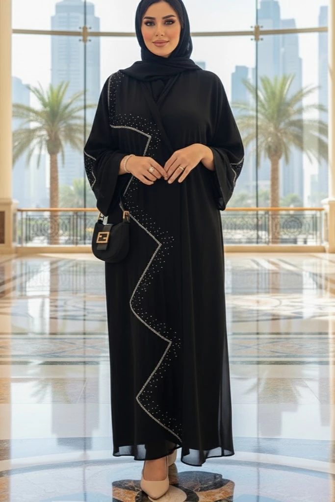 Siyah Zikzak Taş İşlemeli Şık Abaya